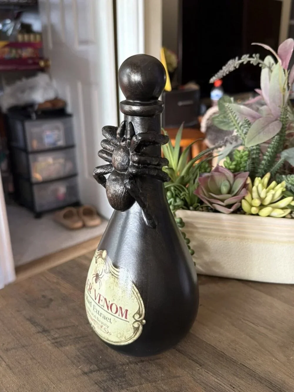 Black Resin Spider Venom Potion Bottle Halloween Room Decor